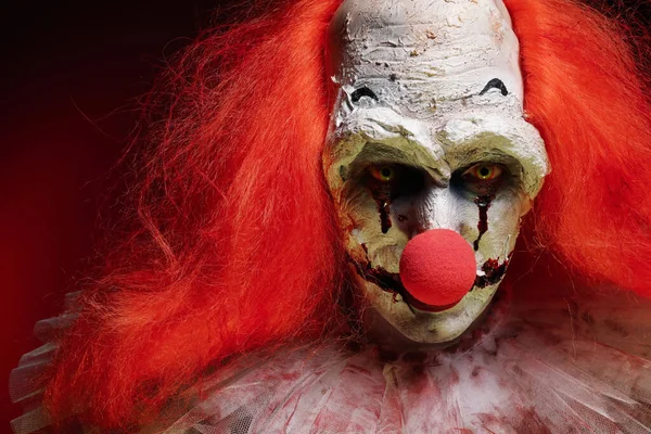 Porträt Eines Furchterregenden Clowns Nahaufnahme Halloween Party Kostüm — Stockfoto