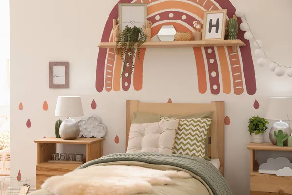 Interior Del Dormitorio Chica Moderna Con Muebles Elegantes Idea Para —  Fotos de Stock
