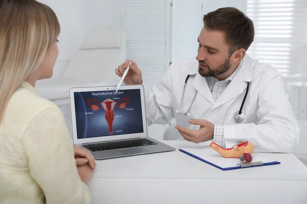 Jinekolog Klinikteki Genç Bayana Kadın Üreme Sisteminin Resmini Gösteriyor — Stok fotoğraf