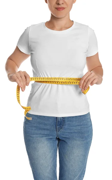 Woman Measuring Waist Tape White Background Closeup — Stock Photo, Image