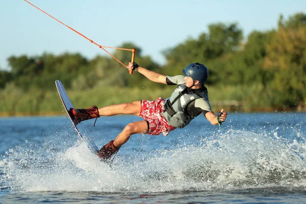 Teenage Boy Wakeboarding River Extreme Water Sport — Stock Photo, Image