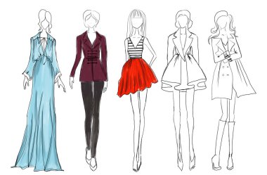 Moda skeci. Beyaz arka planda şık kıyafetler giyen mankenler, illüstrasyon