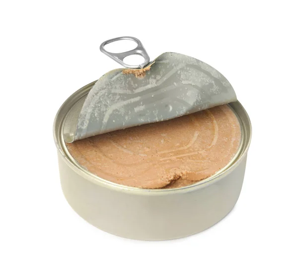 Öppen Burk Med Kött Paté Isolerad Vitt — Stockfoto