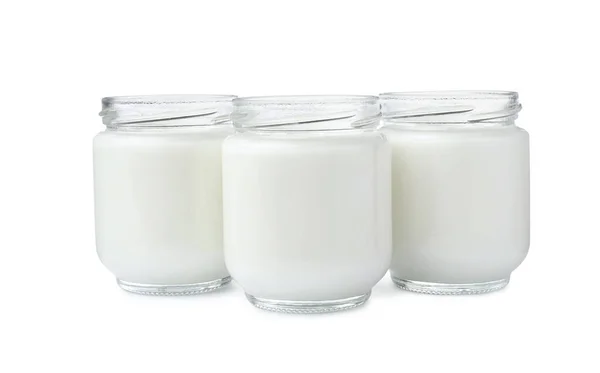 Frascos Vidrio Con Delicioso Yogur Casero Sobre Fondo Blanco — Foto de Stock