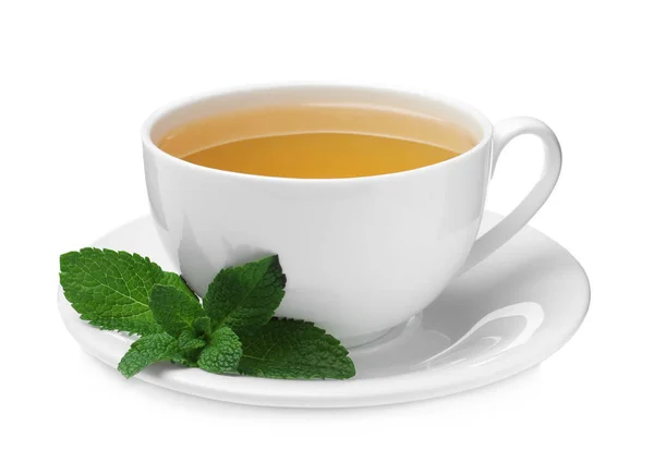 Κύπελλο Αρωματικό Πράσινο Τσάι Φρέσκο Δυόσμο Λευκό Φόντο — Φωτογραφία Αρχείου