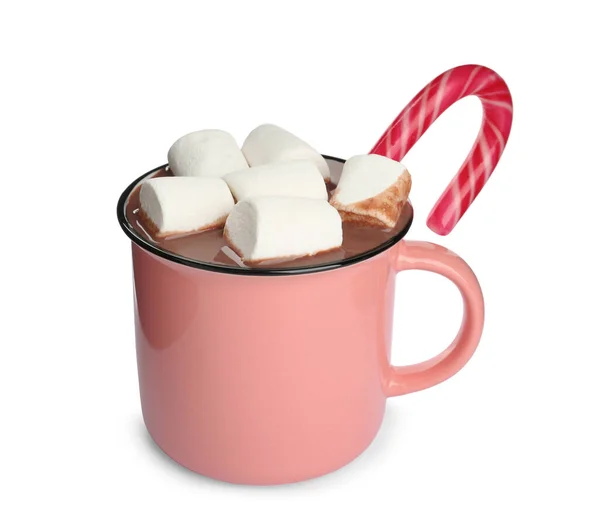 Copa Delicioso Chocolate Caliente Con Malvaviscos Bastón Caramelo Aislado Blanco — Foto de Stock