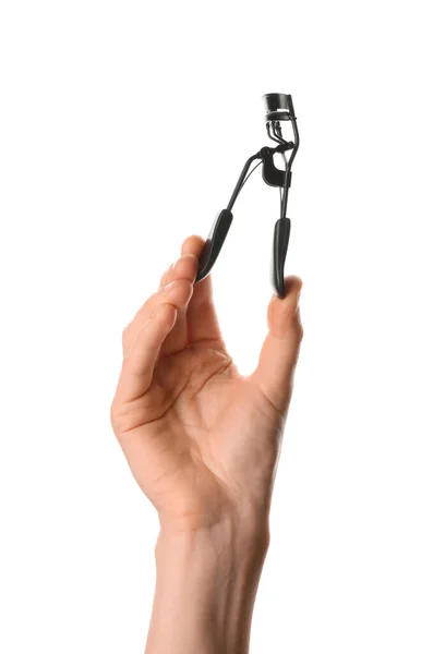 Woman Holding Eyelash Curler White Background Closeup Makeup Tool — Stock Photo, Image