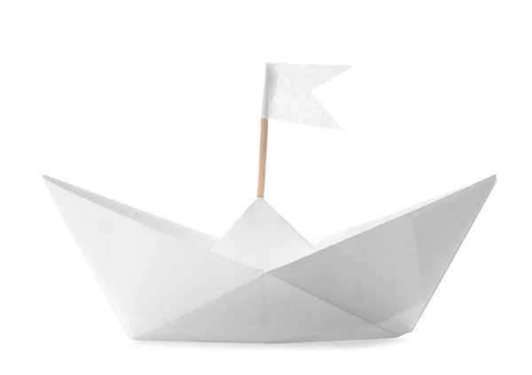Kézzel Készített Papírhajó Fehér Zászlóval Origami Művészet — Stock Fotó