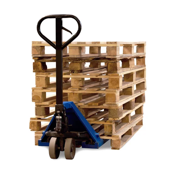 Modern Manual Forklift Wooden Pallets White Background — Stock Photo, Image