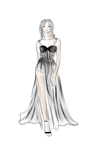 Boceto Moda Modelo Con Vestido Elegante Sobre Fondo Blanco Ilustración —  Fotos de Stock