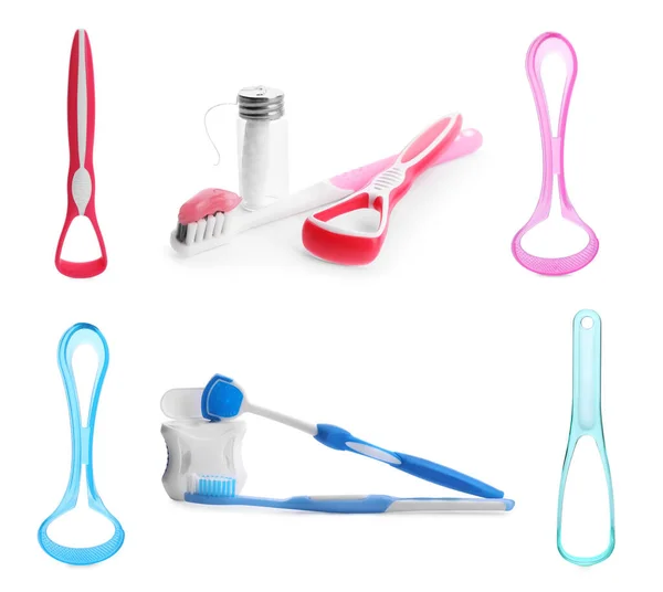 Set Different Tongue Scrapers Dental Floss Toothbrushes White Background — Stock Photo, Image