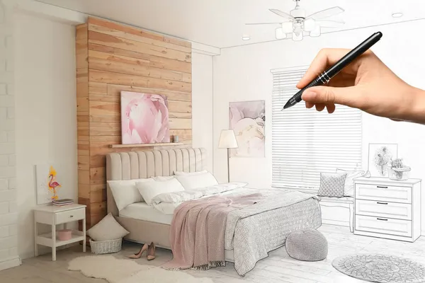 スタイリッシュな寝室のインテリア クローズアップの女性のスケッチを描く 写真とスケッチの組み合わせ — ストック写真