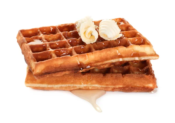 Leckere Belgische Waffeln Mit Honig Und Butter Auf Weißem Hintergrund — Stockfoto