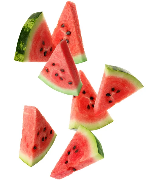 Slices Delicious Ripe Watermelon Falling White Background — Stock Photo, Image