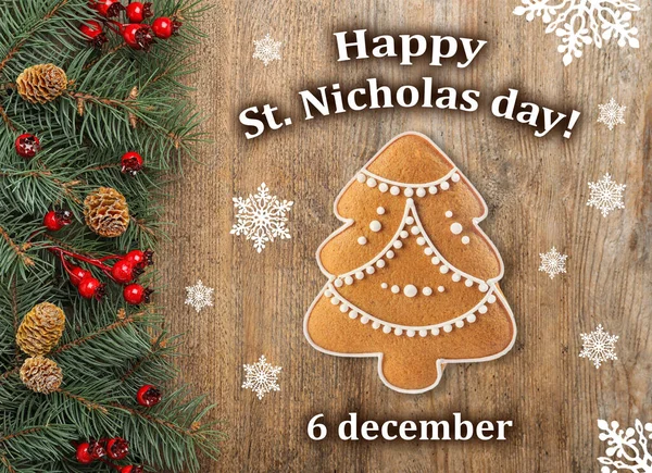 세인트 니콜라스 디자인 인사말 크리스마스 모양의 가지와 맛있는 바닥에 — 스톡 사진