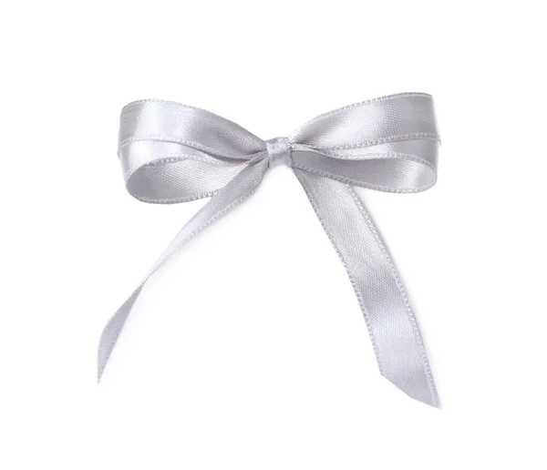 Silver Satin Ribbon Tied Bow White Background Top View — Stock Photo, Image