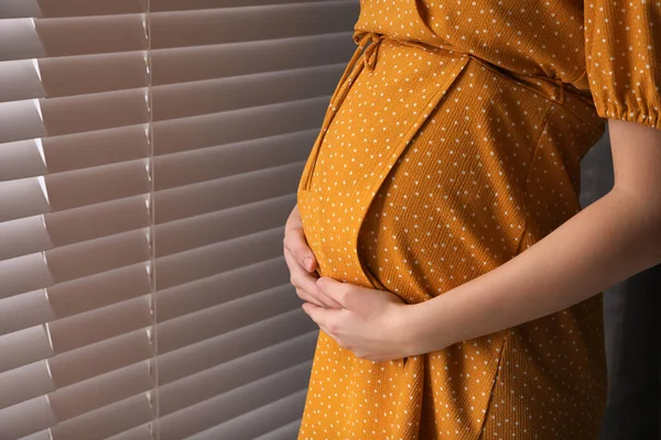 Ung Gravid Kvinna Nära Fönstret Närbild Plats För Text — Stockfoto