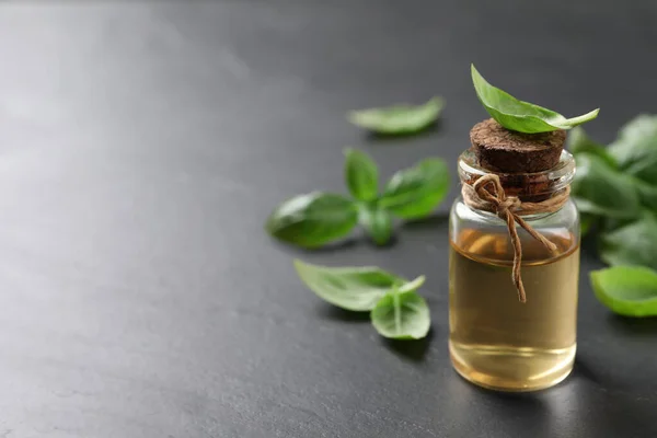 Fles Essentiële Basilicum Olie Verse Bladeren Donkergrijze Tafel Ruimte Voor — Stockfoto