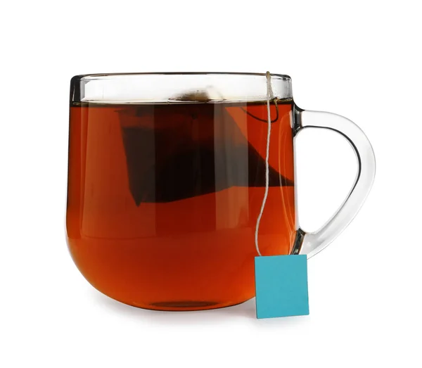 Чайный Пакетик Стеклянной Чашке Горячей Воды Изолирован Белом — стоковое фото