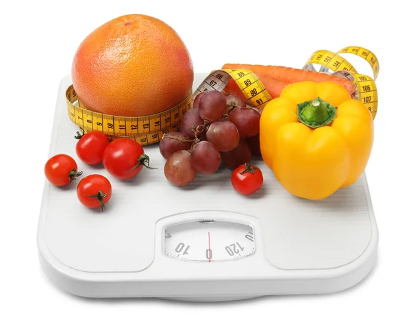 Scales Vegetables Measuring Tape White Background — Stock Photo, Image