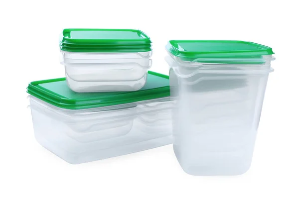 Set Empty Plastic Containers Food White Background — Stock Photo, Image