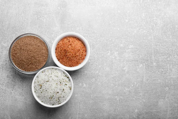 Different Kinds Salt Grey Table Flat Lay Space Text — Stock Photo, Image