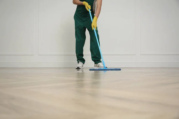 Professional Janitor Cleaning Parquet Floor Mop Indoors Closeup — Stock Photo, Image