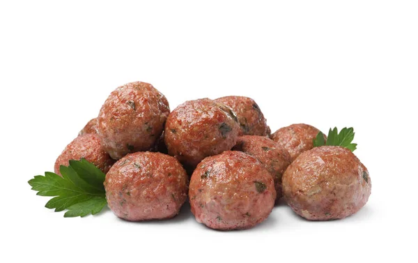 Many Tasty Cooked Meatballs Parsley White Background — Stock Photo, Image