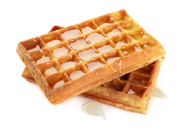 Two Delicious Belgian Waffles Honey White Background — Stock Photo, Image