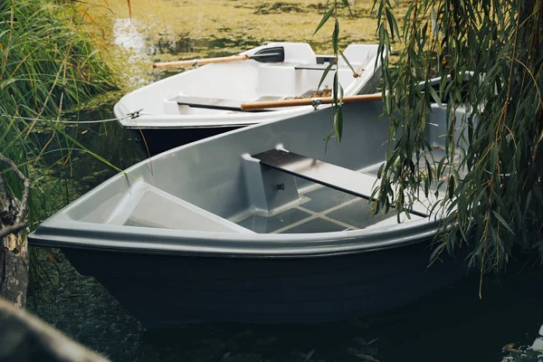 Bateaux Modernes Avec Rames Bois Sur Lac — Photo