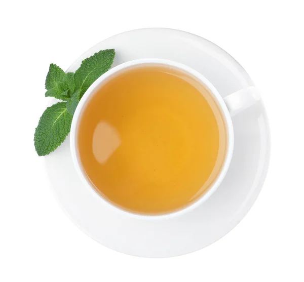 Κύπελλο Αρωματικό Πράσινο Τσάι Φρέσκο Δυόσμο Λευκό Φόντο Top View — Φωτογραφία Αρχείου