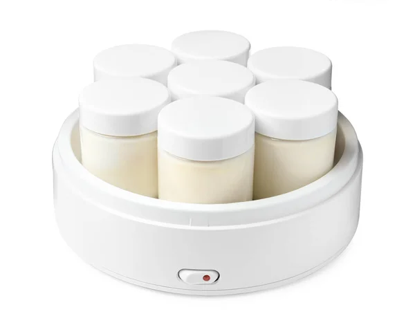 Modern Yogurt Maker Full Jars White Background — Stock Photo, Image