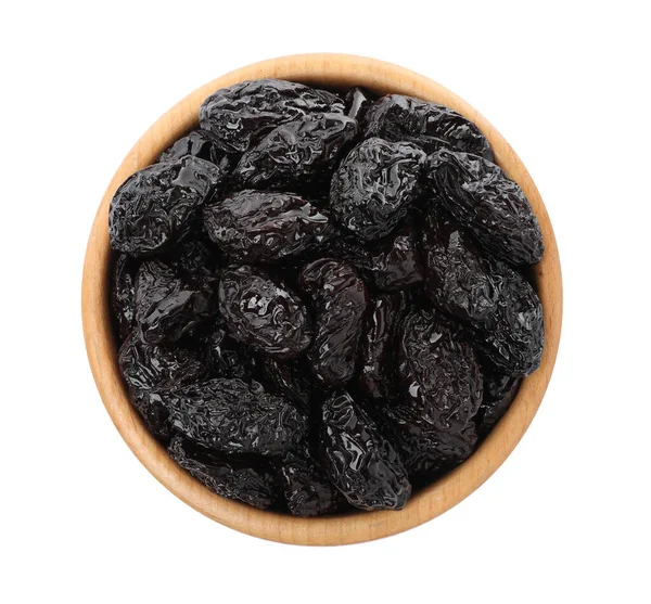 Bowl Sweet Dried Prunes Isolated White Top View — Stock Photo, Image