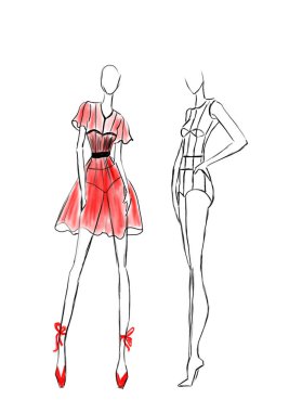 Moda skeci. Beyaz arka planda şık kıyafetler giyen mankenler, illüstrasyon