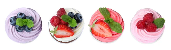 Set Con Deliciosos Cupcakes Sobre Fondo Blanco Vista Superior Diseño — Foto de Stock