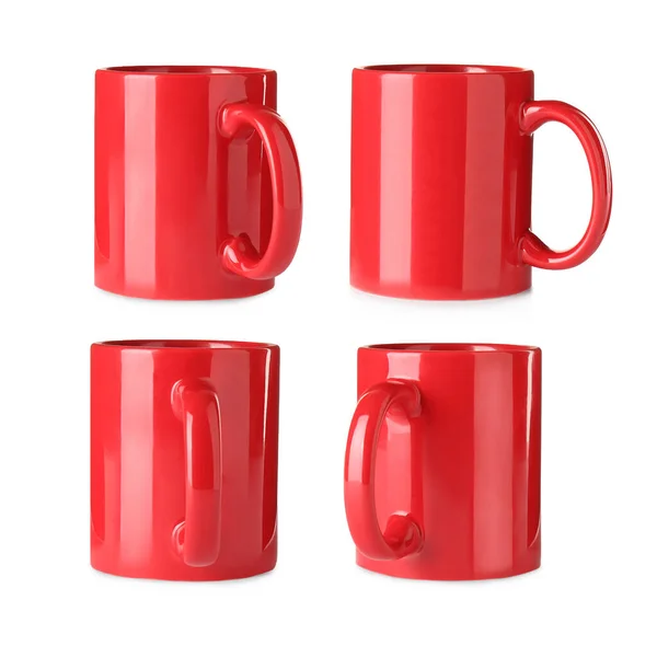 Set Con Tazze Ceramica Rossa Sfondo Bianco — Foto Stock