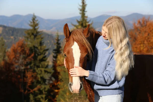 晴れた日に山の中で美しい馬を狩る若い女性 — ストック写真