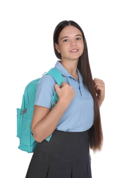 Ragazza Adolescente Uniforme Scolastica Con Zaino Sfondo Bianco — Foto Stock