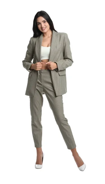 Full Length Portrait Beautiful Woman Formal Suit White Background — Stock Photo, Image