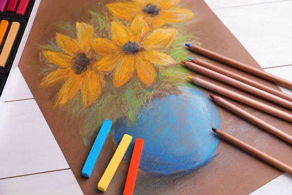 Colorful Chalk Pastels Pencils Beautiful Painting Flowers White Wooden Table — Stock Photo, Image