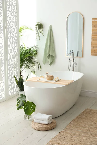 Stilvolles Badezimmer Mit Moderner Badewanne Zimmerpflanzen Und Schönem Dekor Wohndesign — Stockfoto