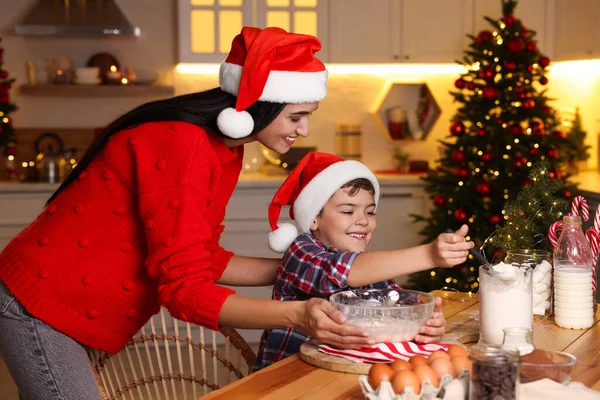 Happy Mother Her Son Making Dough Christmas Cookies Home — Stock Photo, Image