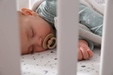 Emziği olan sevimli bir bebek beşiğinde huzur içinde uyuyor.