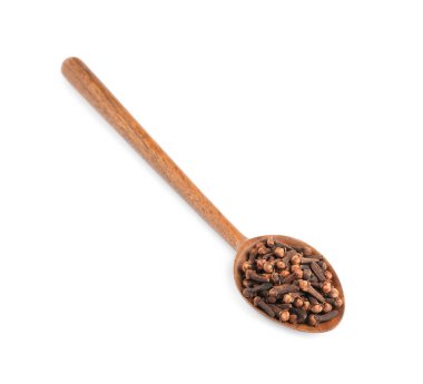 Ahşap kaşık aromalı kuru karanfiller beyaz, üst manzara