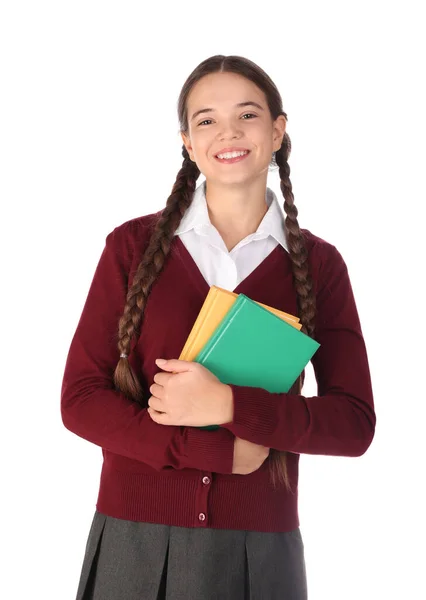 Adolescente Uniforme Escolar Com Livros Sobre Fundo Branco — Fotografia de Stock