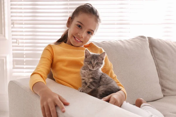 Nettes Kleines Mädchen Mit Kätzchen Auf Dem Sofa Hause Haustier — Stockfoto