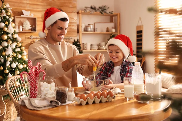 Happy Father His Son Making Dough Christmas Cookies Home — Stock Photo, Image