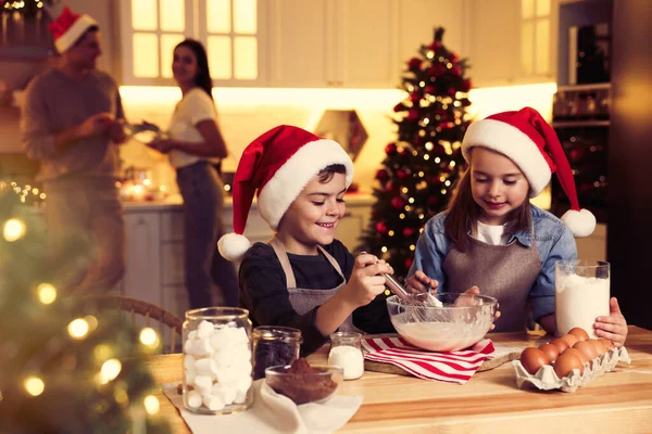 Cute Little Children Making Dough Delicious Christmas Cookies Home — Stock Photo, Image