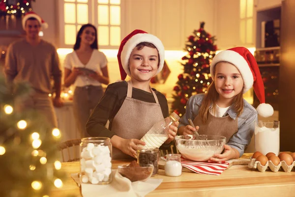 Cute Little Children Making Dough Delicious Christmas Cookies Home — Stock Photo, Image