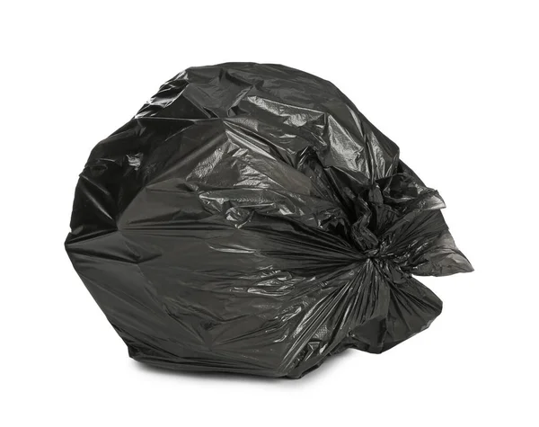 Czarny Worek Śmieci Wypełniony Śmieciami Odizolowany Biało — Zdjęcie stockowe